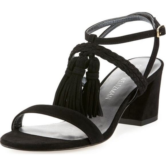 Stuart Weitzman Braided Suede Tassel Sling Back Block Heels Black Size 10 - Picture 1 of 8